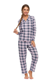 Katoenen damespyjama met lange mouwen |   geruit patron | roze - zwart |