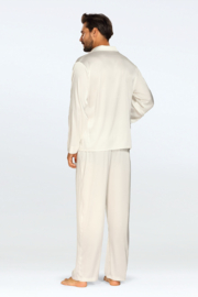 Elegante satijnen herenpyjama -Satijn pyjama heren met knoopsluiting - Lange Mouw Lange Broek pyjama - DKaren Noah - ecru