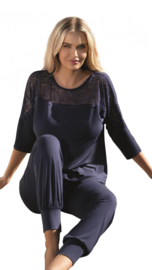 Viscose pyjama met kant aan de voorkant - driekwart pyjama voor dames van zachte viscose - DKaren Loretta - marineblauw