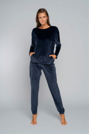Italian Fashion Juga| hoogwaardig huispak | Velours Pyjama Dames | Lange Mouw Lange Broek | Marineblauw  |