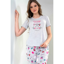 Vienetta damespyjama  met een katje- katoen- grijs/roze