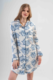 Vienetta Dames pluche, warme nachthemd - wit / blauw