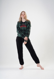 Warme Winter Pyjama Dames Fleece | Lange Mouw Lange Broek | groen zwart  | Dames pluche huispak | dikke winterpyjama | geruite sweatshirt