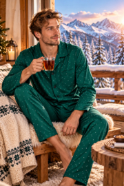 Martel Adam Herenpyjama – 100% Katoen – Donkergroen met Stippen – Lange Pyjama