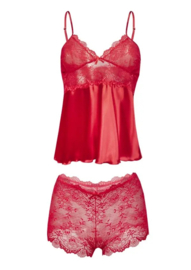 Satijnen shortama met doorzichtig kanten broekje -Verleidelijke kanten pyjama - Prachtige lingerie set - DKaren Nevada -  rood