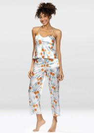 Lange satijnen damespyjama - comfortabele pyjama met oranje print - sinaasappelprint- Flowers