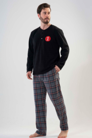 Vienetta | Warme Winter Pyjama |  Heren  | Huispak   Fleece geruite | Lange Mouw Lange Broek | zwart grijs