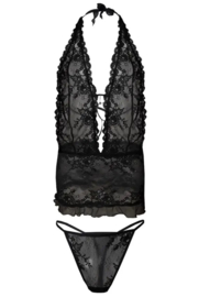 Verleidelijke lingerie set uit kant - kanten chemise en string - DKaren Hailey set - zwart