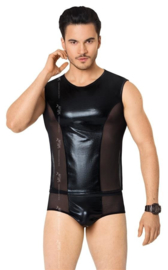 Wetlook heren shirt en slip met netstof details  zwart