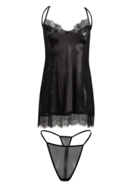 Verleidelijke satijnen chemise met string - kort sexy nachthemd met kant - slipdress met transparante tule - DKaren Delia- zwart