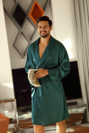 Elegante satijnen herenpyjama -Satijn pyjama heren met knoopsluiting - Lange Mouw Lange Broek pyjama - DKaren Noah - groen