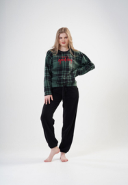 Warme Winter Pyjama Dames Fleece | Lange Mouw Lange Broek | groen zwart  | Dames pluche huispak | dikke winterpyjama | geruite sweatshirt