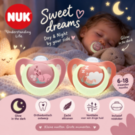 NUK First Choice Night Fopspenen 6-18 Maanden – Glow in the Dark – Siliconen – 2 Stuks – Inclusief Reiskoker