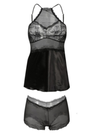 Verleidelijke korte pyjama - satijnen shortama met kant - erotisch chemise - DKaren Ginger - zwart