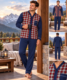 Gentleman Herenpyjama – 100% Katoen – Lange Mouwen & Lange Broek – Klassieke Pyjama – Gemaakt in Europa – Marineblauw/Rood
