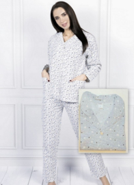 Damespyjama | 100% katoen | lichtgrijs met sterren | lange mouwen | lange broek |