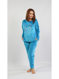 Vienetta | Warme Winter Pyjama Dames | Zacht Velours | Lange Mouw Lange Broek | Blauw | Grote maten