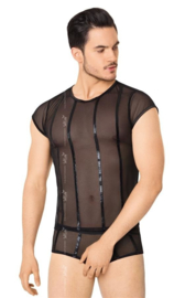 Wetlook heren -shirt en slip met netstof details- zwart