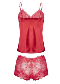 Satijnen shortama met doorzichtig kanten broekje -Verleidelijke kanten pyjama - Prachtige lingerie set - DKaren Nevada -  rood