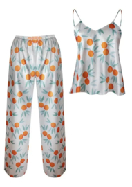 Lange satijnen damespyjama - comfortabele pyjama met oranje print - sinaasappelprint- Flowers