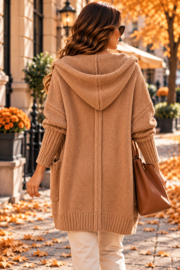 ZOJA Lang Dames Vest met Capuchon – Oversized – Wolmix – Camel / Melkchocolade – One Size