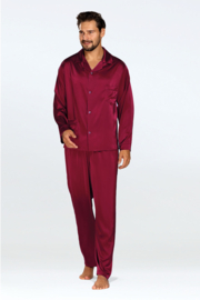 Elegante satijnen herenpyjama -Satijn pyjama heren met knoopsluiting - Lange Mouw Lange Broek pyjama - DKaren Noah - bordeaux rood