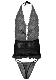 Verleidelijke lingerie set uit kant - kanten chemise en string - DKaren Hailey set - zwart