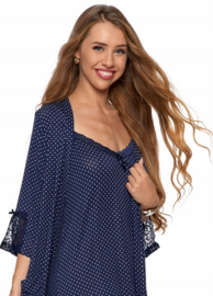 Mooie dames badjas van viscose met stip met kant- marineblauw