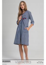 Vienetta katoenen badjas met rits en  capuchon- marineblauw/wit