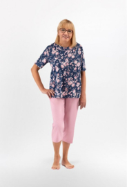 Martel Maria dames pyjama korte mouwen- 100% katoen-  marineblauw met  bloemenprint