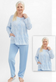 Martel Maria dames pyjama - lange mouwen- wit/lichtblauw- 100 % katoen