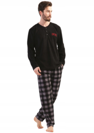 Vienetta | Warme Winter Pyjama |  Heren  | Huispak   Fleece geruite | Lange Mouw Lange Broek | zwart
