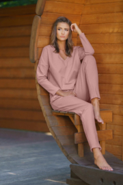 Italian Fashion | Karina | lange set | trainingspak set | huispak | katoen | losse snit | sexy  schouder | poeder roze | laag uitgesneden broek