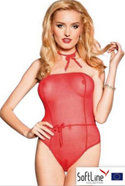 Softline - Salma - Tiul Body met Strik -Sexy Doorschijnende Body - Uitdagende Bodystocking - Erotische body - S/M - Rood - Valentijnsdag cadeau -
