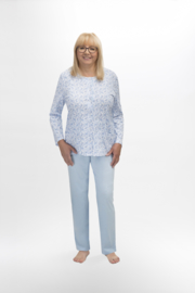 Martel Maria dames pyjama - lange mouwen- wit/lichtblauw- 100 % katoen