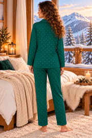 Martel Ewa Damespyjama – 100% Katoen – Warme Pyjama – Groen met Stippen – Lange Mouwen & Broek