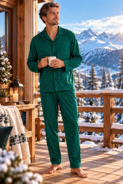 Martel Adam Herenpyjama – 100% Katoen – Donkergroen met Stippen – Lange Pyjama