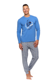Herenpyjama met lange mouwen en geruite broek- blauw