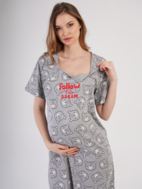 Vienetta zwangerschap nachthemd voor borstvoeding met korte mouwen, grijs | nachthemd | zwangerschapsnachthemd | comfortabele nachthemd voor borstvoeding.