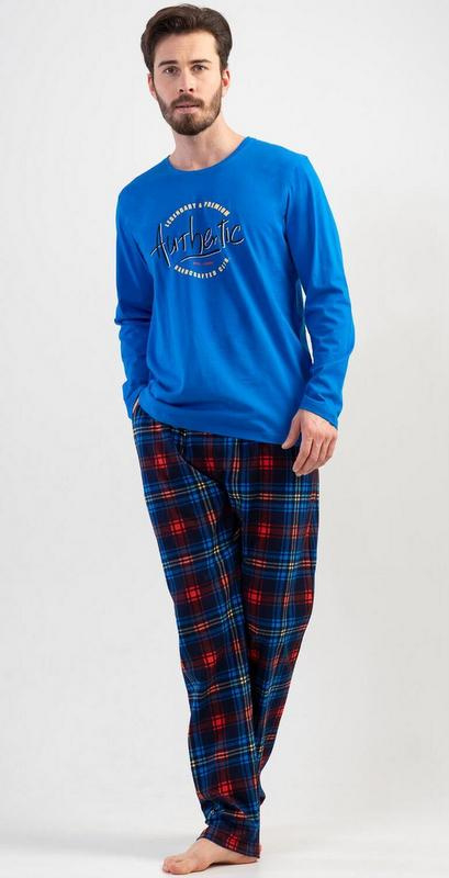 Vienetta Pyjama Volwassenen Katoen | Mouw Lange Broek | patroon | Blauw | Heren nachtmode Annlingerie