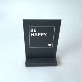 Houten tekstbordje + houder ' Be happy'