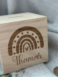Houten spaarpot | Met naam | Regenboog