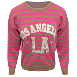 Ronde hals trui Los Angeles camel/fuchsia