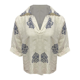 Oversized linnen blouse met print - Navy