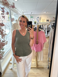 Glitter top  dames met V-hals & lurex - army
