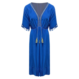 Lange Boho jurk met glimmende details kobalt blauw
