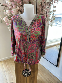 Travel top met steentjes - fuchsia
