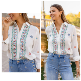 Wafel katoenen blouse met geborduurde print