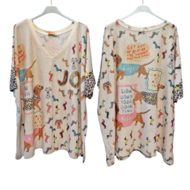 Oversized V-hals lurex top met teckel print