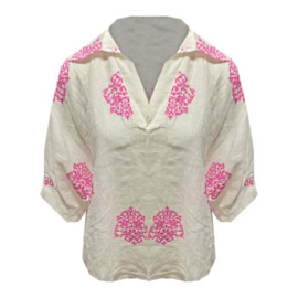 Oversized linnen blouse met print - Fuchsia